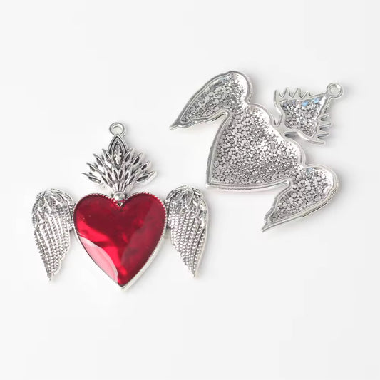 AP 2272 Red heart wing big silver plated Alloy charm ( 1 pc ) - tarnish resistant- premium quality