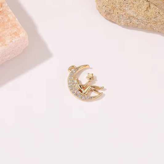 CZ 2289 lady star moon zircon charm 14k gold plated  ( 1 pc ) - anti tarnish