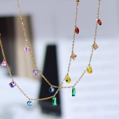 NSJ35E Multi Colour stone dainty chain Necklace - 18k stainless steel - Anti tarnish