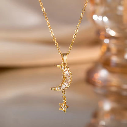 NSJ01D Moon Zircon Necklace - 18k Gold PVD plated 316 stainless steel - Anti tarnish