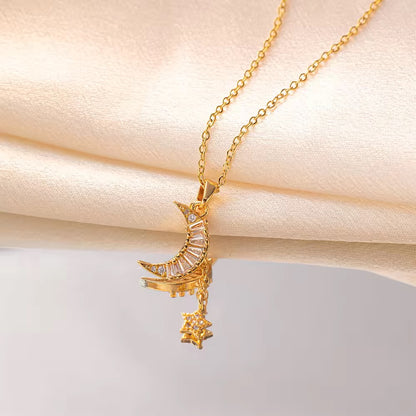 NSJ01D Moon Zircon Necklace - 18k Gold PVD plated 316 stainless steel - Anti tarnish