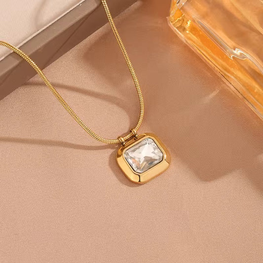 SS 107 Clear zircon Big Rectangle Necklace - 18k stainless steel - Anti tarnish - Wholesale