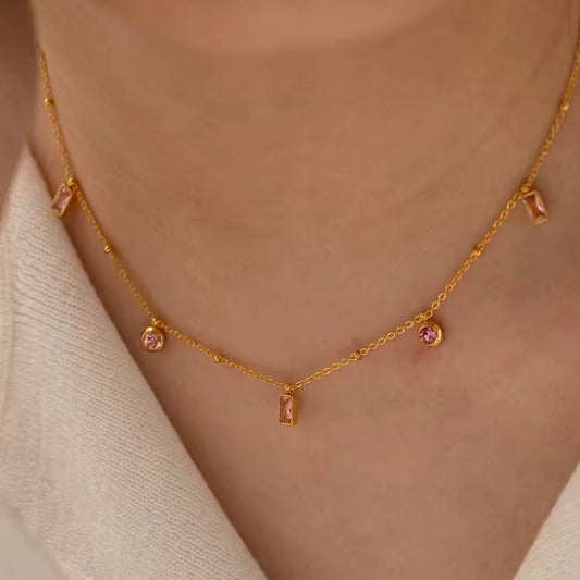 SJ 112 Pink zircon dainty minimalist Necklace - 18k gold PVD plated stainless steel - Anti tarnish