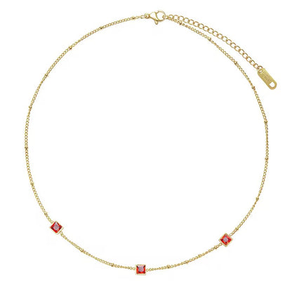 NSJ08C Red Square Zircon Bead Necklace - 18k gold PVD plated 316 stainless steel - Anti tarnish