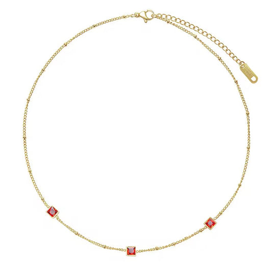 NSJ08C Red Square Zircon Bead Necklace - 18k gold PVD plated 316 stainless steel - Anti tarnish