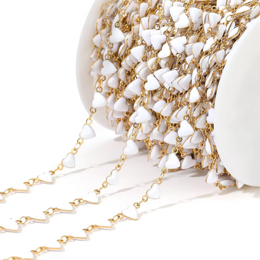 CN 389 White Heart enamel chain 18k gold PVD 316 Stainless steel ( 1 feet ) Anti tarnish ( 6 mm )