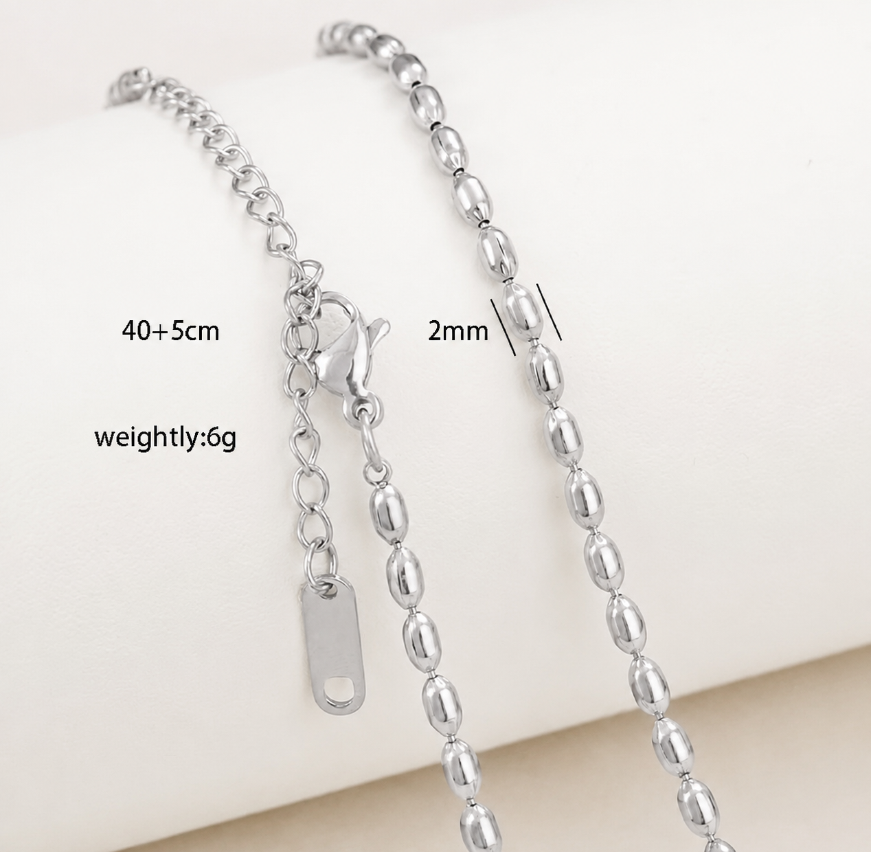 RCS14 Beaded Ready made chain with extension ( 1 pc ) Silver PVD