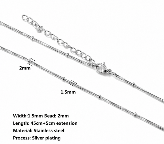 RCS16 Satellite Bead Curb ready chain with extension ( 1 pc ) Silver PVD