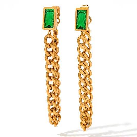 SJ 63 Green Zircon Chain Earrings - 18k Gold PVD Plated stainless steel - Anti tarnish - Wholesale