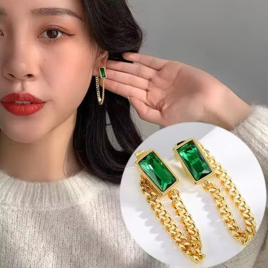 SJ 63 Green Zircon Chain Earrings - 18k Gold PVD Plated stainless steel - Anti tarnish - Wholesale