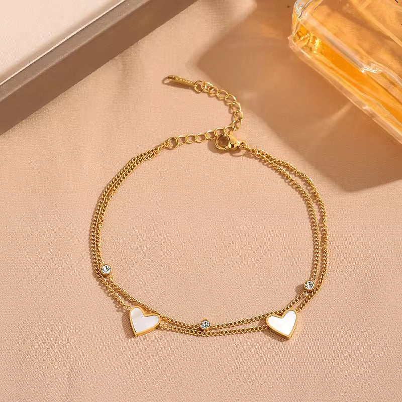 SS 65 White heart zircon double layer bracelet - 18k stainless steel - Anti tarnish - Wholesale