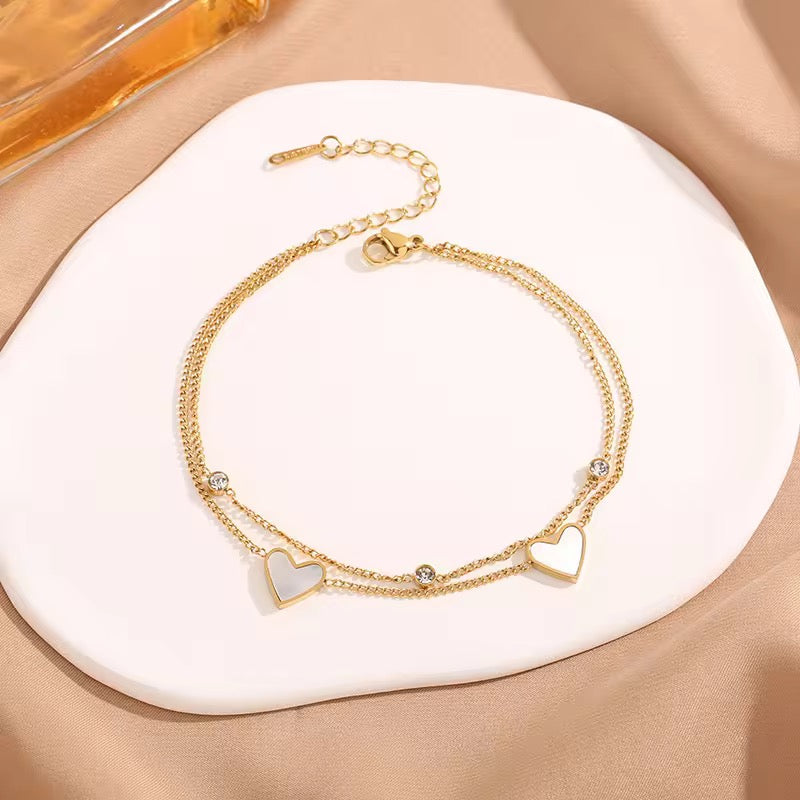 SS 65 White heart zircon double layer bracelet - 18k stainless steel - Anti tarnish - Wholesale
