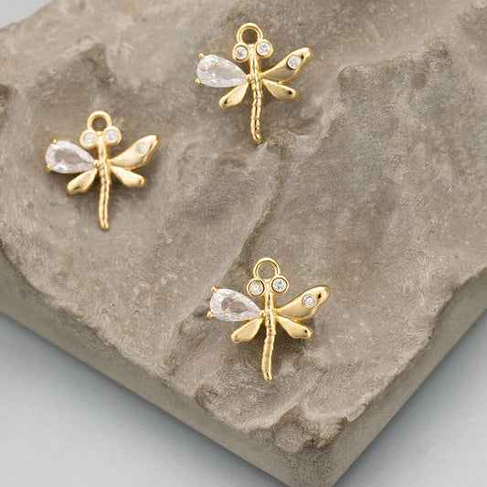 SS 02 (b) Dragonfly Charm 14k gold plated Zircon crystal  ( 1 pc ) Anti tarnish ( 12 mm )