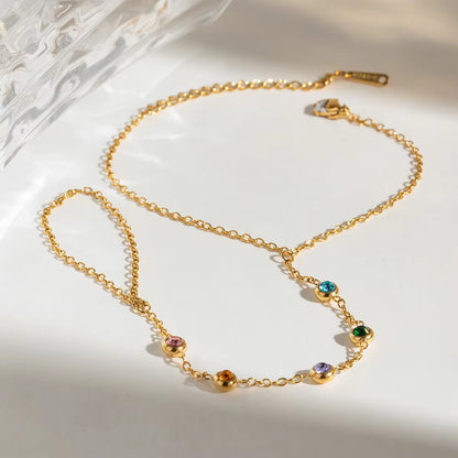 BSJ12D Dainty Colourful Zircon bracelet with ring - 18k gold PVD plated 316 stainless steel - Anti tarnish