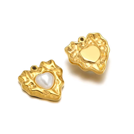 SS 3017 Wavy heart Pearl Charm 18K Gold PVD plated stainless steel ( 1 piece ) Anti tarnish ( 27 mm )