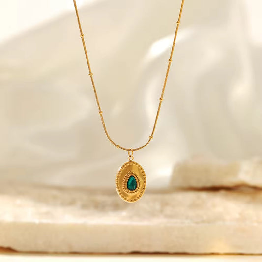 SS 165 Turquoise inlay vintage necklace- 18k gold plated stainless steel - Anti tarnish - Wholesale