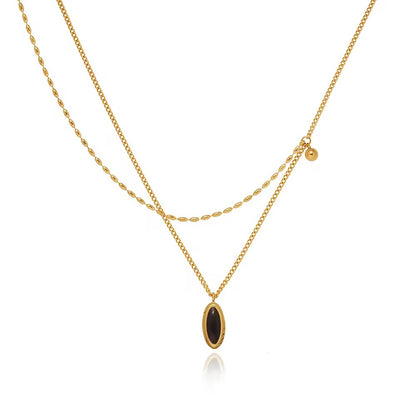NSJ21B Black Retro style double layer clavicle necklace- 18k gold PVD plated 316  stainless steel - Anti tarnish - Wholesale