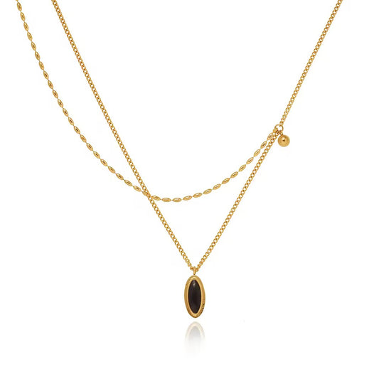 NSJ21B Black Retro style double layer clavicle necklace- 18k gold PVD plated 316  stainless steel - Anti tarnish - Wholesale