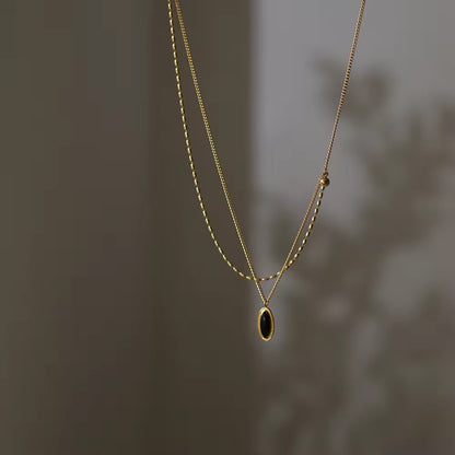 NSJ21B Black Retro style double layer clavicle necklace- 18k gold PVD plated 316  stainless steel - Anti tarnish - Wholesale