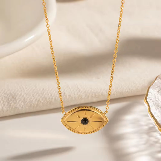 SJ 169 Black stone evil eye necklace- 18k gold PVD plated stainless steel - Anti tarnish - Wholesale