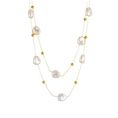 NSJ05F Chunky pearl dainty double layer necklace- 18k gold PVD plated 316 stainless steel - Anti tarnish