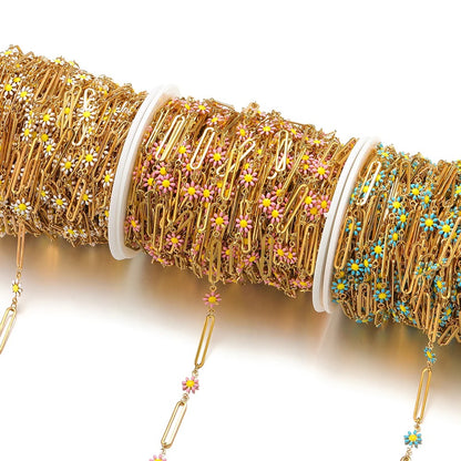 CN 172 Pink Enamel flowers 18k gold PVD 316 Stainless steel buckle chain ( 1 feet ) Anti tarnish