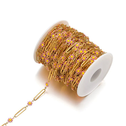 CN 172 Pink Enamel flowers 18k gold PVD 316 Stainless steel buckle chain ( 1 feet ) Anti tarnish
