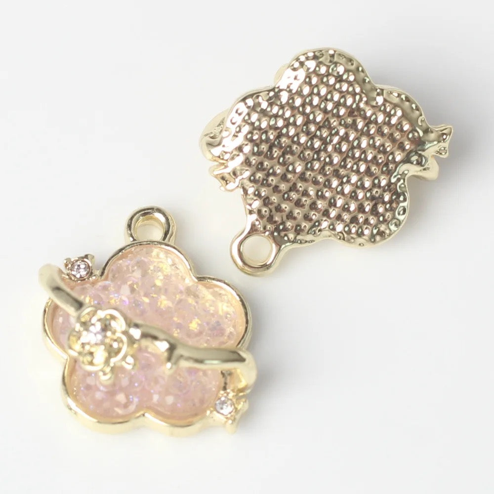 GP 1412 pink crystal flower cloud alloy gold charm - per piece - tarnish resistant