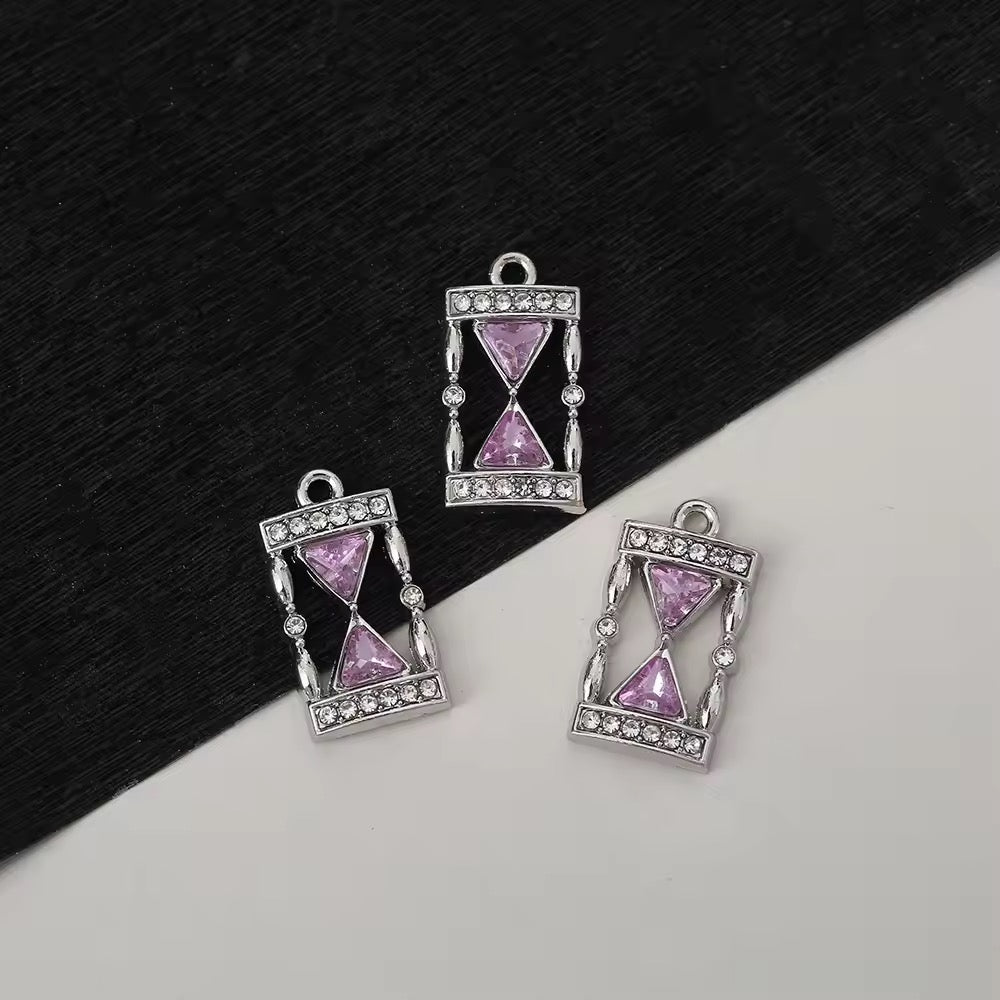 AC 2419 Pink zircon rectangle silver plated Alloy charm ( 1 pc ) - Tarnish resistant