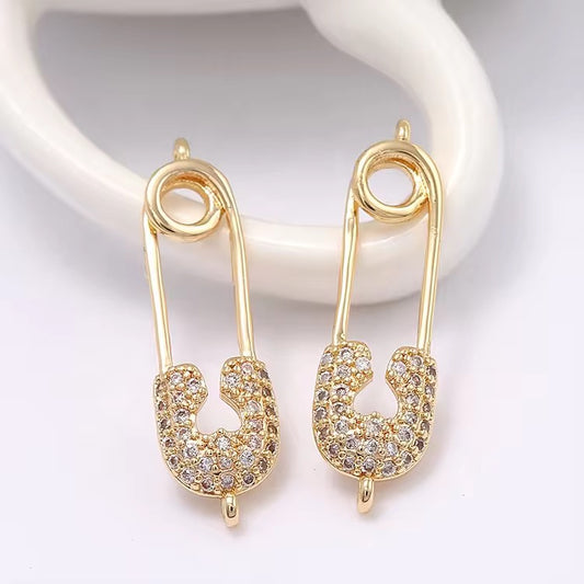 CZ 2380 Zircon safety pin connector 18k gold plated charm ( 1 pc ) - anti tarnish