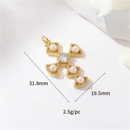 CZ 2382 Big Cross pearly Zircon 14k gold plated charm ( 1 pc ) - anti tarnish