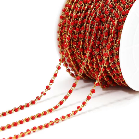 CN 403 Red Link enamel bead chain 18k gold PVD 316 Stainless steel ( 1 feet ) Anti tarnish