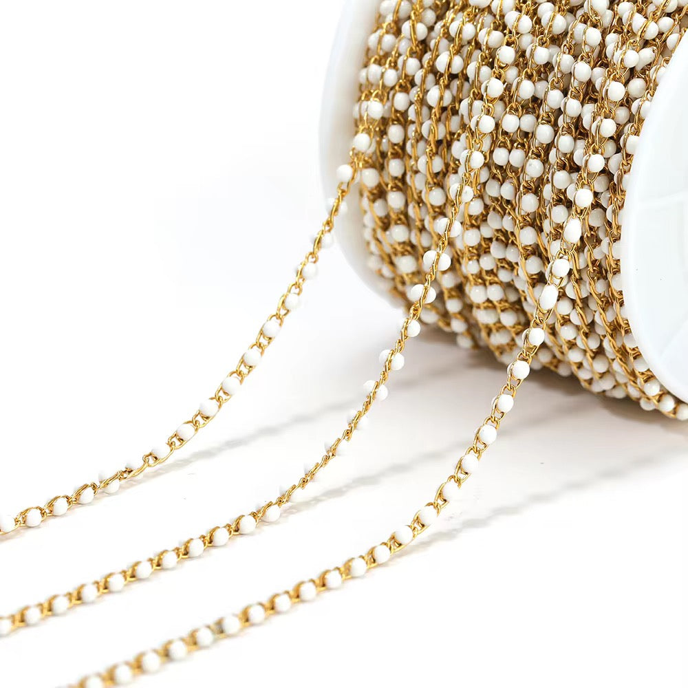 CN 399 White Link enamel bead chain 18k gold PVD 316 Stainless steel ( 1 feet ) Anti tarnish