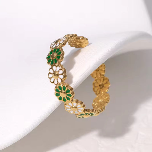 RSJ02A Green and white daisy ring adjustable- 18k gold PVD plated 316 stainless steel - Anti tarnish