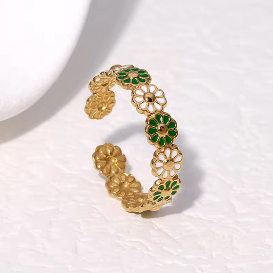 SS 253 Green and white daisy ring adjustable- 18k gold plated stainless steel - Anti tarnish - Wholesale
