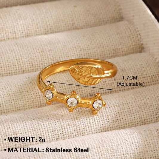 RSJ02B Leaf Zircon ring adjustable- 18k gold PVD plated 316 stainless steel - Anti tarnish
