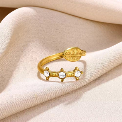 RSJ02B Leaf Zircon ring adjustable- 18k gold PVD plated 316 stainless steel - Anti tarnish