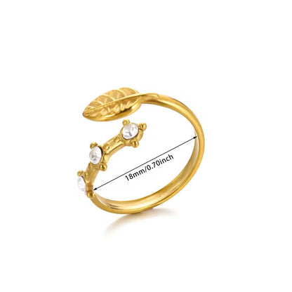 RSJ02B Leaf Zircon ring adjustable- 18k gold PVD plated 316 stainless steel - Anti tarnish