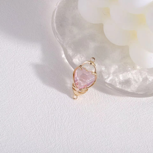 BBB 203 (F) Light pink Heart zircon pendant double loop CZ connector 14k gold plated ( 1 pc ) Anti tarnish