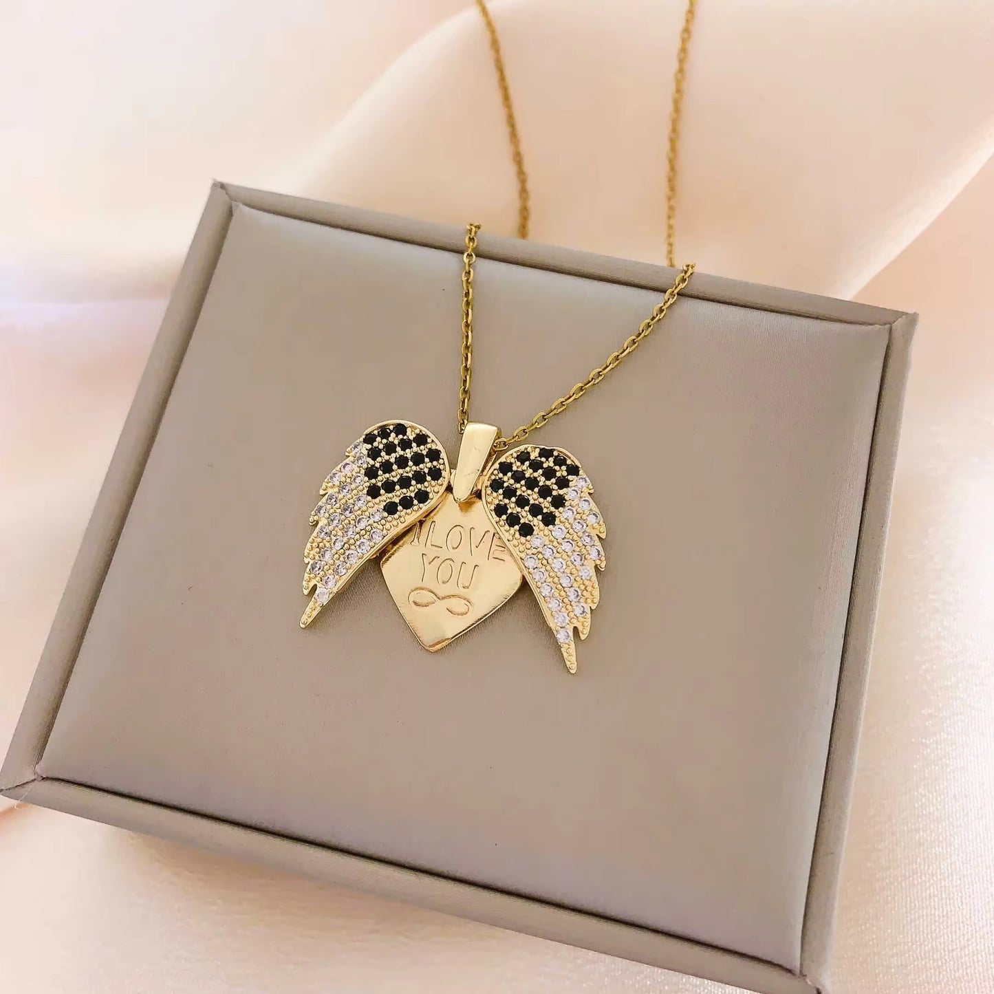 SS 258 Secret I love you zircon wings Necklace - 18k gold plated stainless steel - Anti tarnish - Wholesale