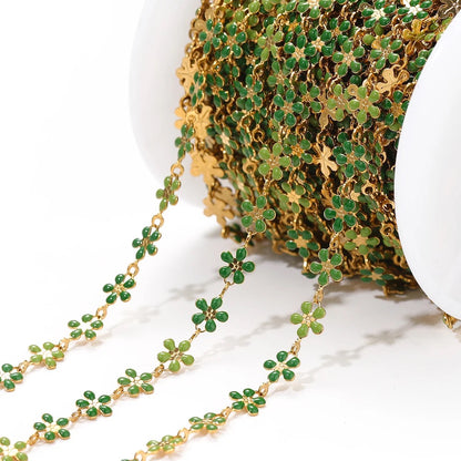 DIYS03 Green Enamel flower chain ( 1 feet ) 18K Gold PVD