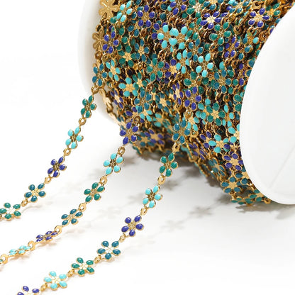 DIYS04 Blue Enamel Triple flower chain ( 1 feet ) 18K Gold PVD
