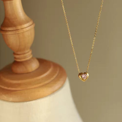 NSJ28D Dreamy pink zircon heart dainty Necklace - 18k gold PVD plated 316 stainless steel - Anti tarnish