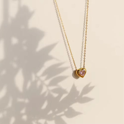 NSJ28D Dreamy pink zircon heart dainty Necklace - 18k gold PVD plated 316 stainless steel - Anti tarnish