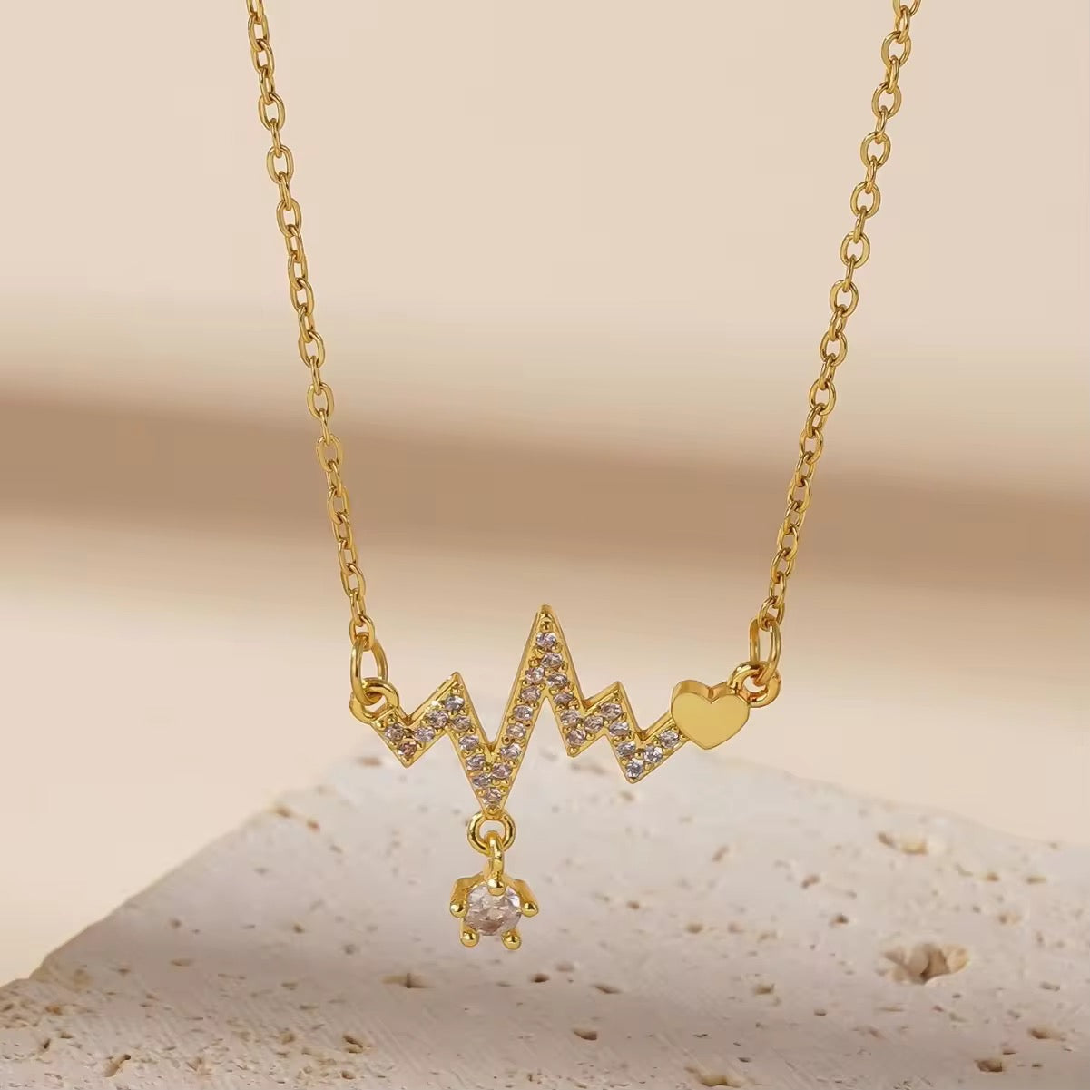 SS 282 Heart beat modern zircon Necklace - 18k gold PVD plated stainless steel - Anti tarnish - Wholesale