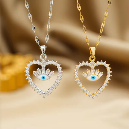 NSJ04C Gold Heart zircon Evil eye Necklace - 18k gold PVD plated 316 stainless steel - Anti tarnish - Wholesale