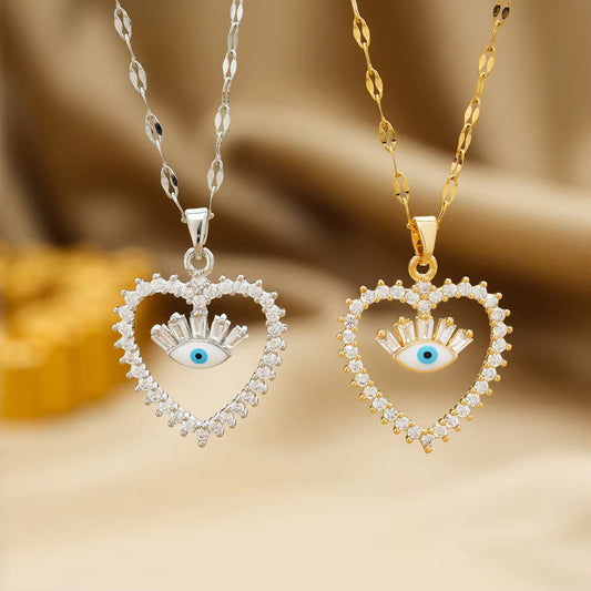 SS 284 Gold Heart zircon Evil eye Necklace - 18k gold PVD plated stainless steel - Anti tarnish - Wholesale