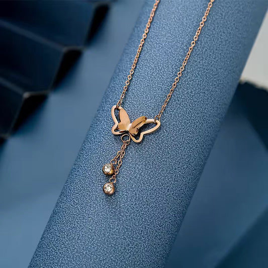 SS 289 Butterfly zircon drop rose gold Necklace - 18k gold PVD plated stainless steel - Anti tarnish - Wholesale