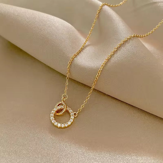SS 291 Modern Double circle diamond Zircon Necklace - 18k gold PVD plated stainless steel - Anti tarnish - Wholesale