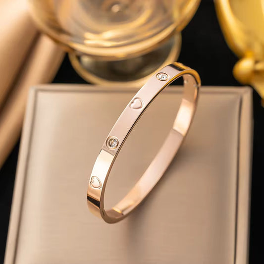 SJ 299 Heart Embedded zircon Rose gold Bangle Bracelet - 18k gold PVD plated stainless steel - Anti tarnish - Wholesale